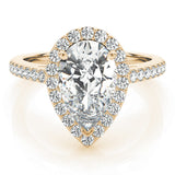 Yellow gold Pear Halo Diamond Ring with Pavé Band and Three-Prong Setting 1