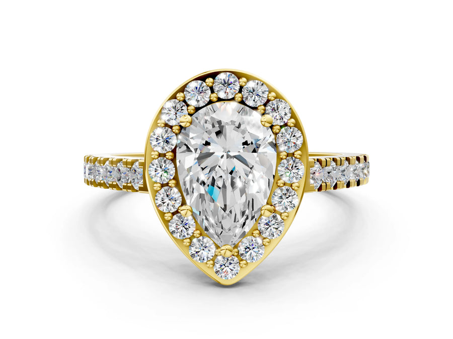 Yellow gold Pear Halo Diamond Ring with Pavé Band and Three-Prong Setting