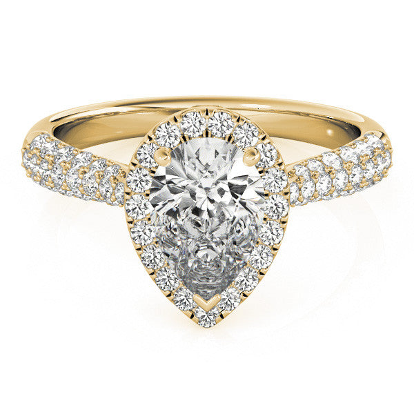 Yellow gold Pear Halo Diamond Ring with Pave Band and Prong Setting 1