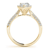 10K Yellow Gold 2.01 Carat D VS1 Pear Halo Diamond Ring with Pave Band and Prong Setting