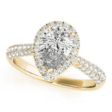 10K Yellow Gold 2.01 Carat D VS1 Pear Halo Diamond Ring with Pave Band and Prong Setting