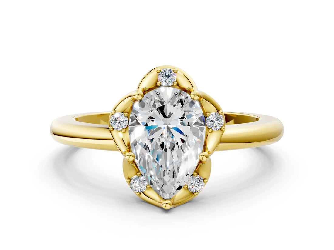 Yellow gold Pear Halo Diamond Ring with Round Cluster Setting, Solitaire Band, and Four-Prong Setting_49