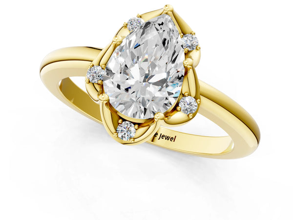 Yellow gold Pear Halo Diamond Ring with Round Cluster Setting, Solitaire Band, and Four-Prong Setting