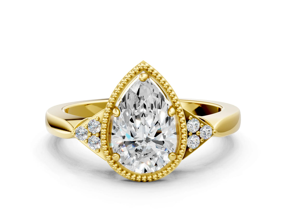 Yellow gold Pear Halo Diamond Ring with Tapered Band and Four-Prong Setting_10