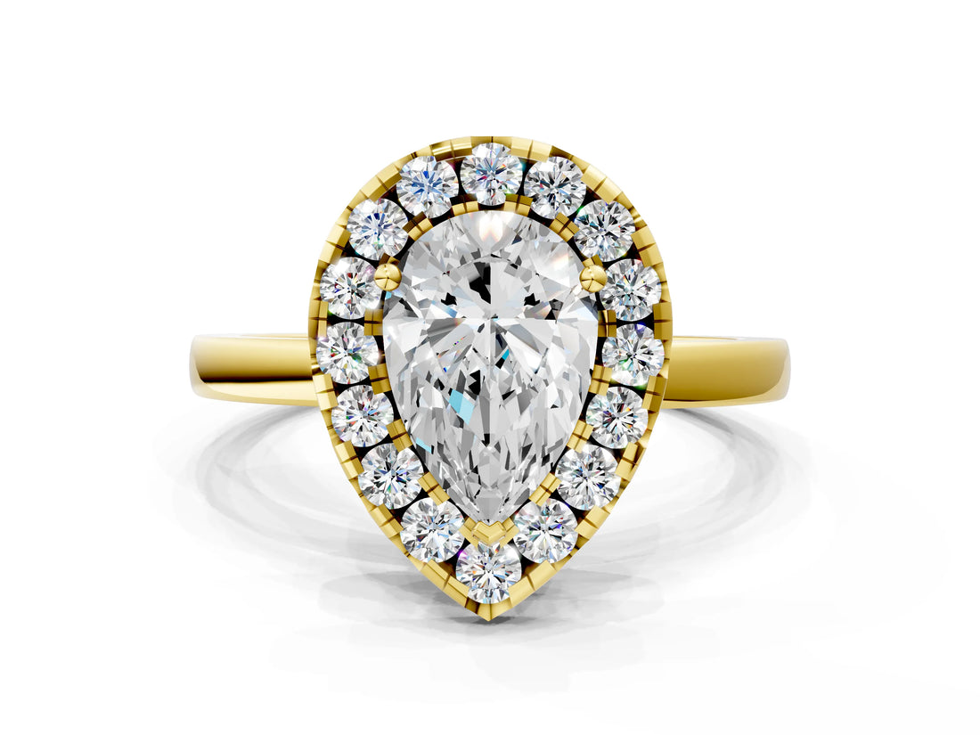 Yellow gold Pear Halo Diamond Solitaire with Pavé Band and Four-Prong Setting_90