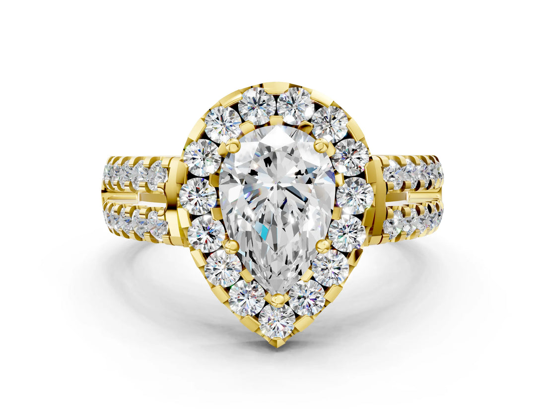 Yellow gold Pear Halo Diamond Split Shank Engagement Ring with Prong Setting_75