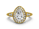 Yellow gold Pear Halo Diamond Split Shank Ring with Milgrain Detail_49