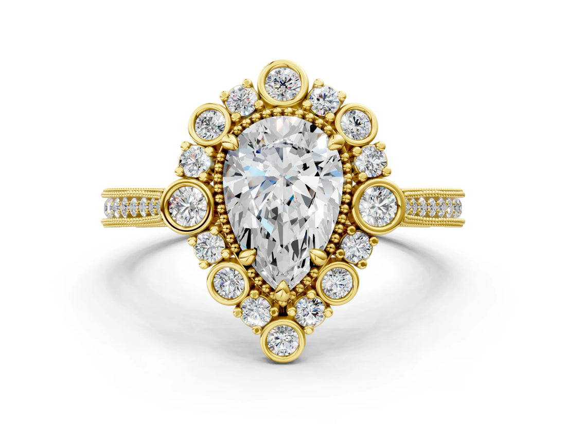 Yellow gold Pear Halo Milgrain Pave Diamond Ring with Four-Prong Setting 1