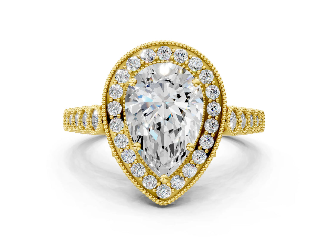 Yellow gold Pear Halo Milgrain Solitaire with Bezel Set Side Stones and Pave Band_32