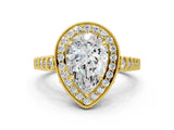 Yellow gold Pear Halo Milgrain Solitaire with Bezel Set Side Stones and Pave Band_32