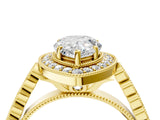 Yellow gold Pear Halo Milgrain Solitaire with Bezel Set Side Stones and Pave Band_36