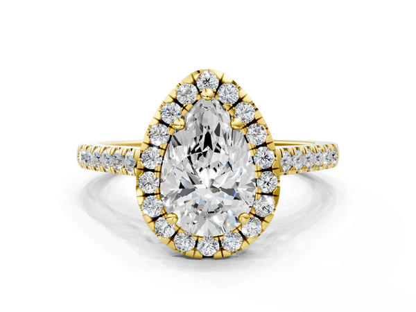 Yellow gold Pear Halo Pavé Diamond Engagement Ring with Four-Prong Setting