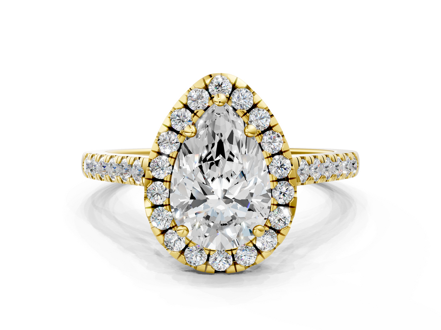 Yellow gold Pear Halo Pavé Diamond Engagement Ring with Four-Prong Setting