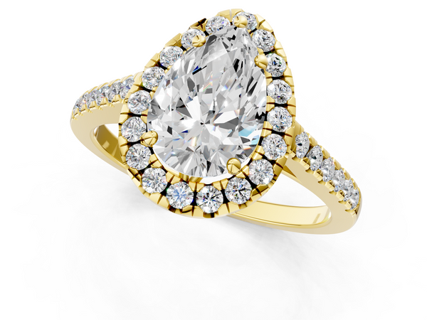 Yellow gold Pear Halo Pavé Diamond Engagement Ring with Four-Prong Setting