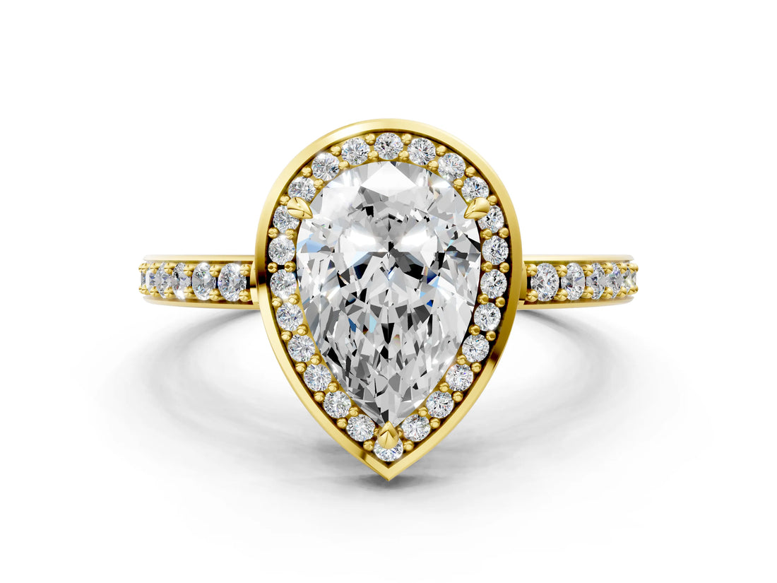 Yellow gold Pear Halo Pave Band Solitaire Ring with Prong Setting_66