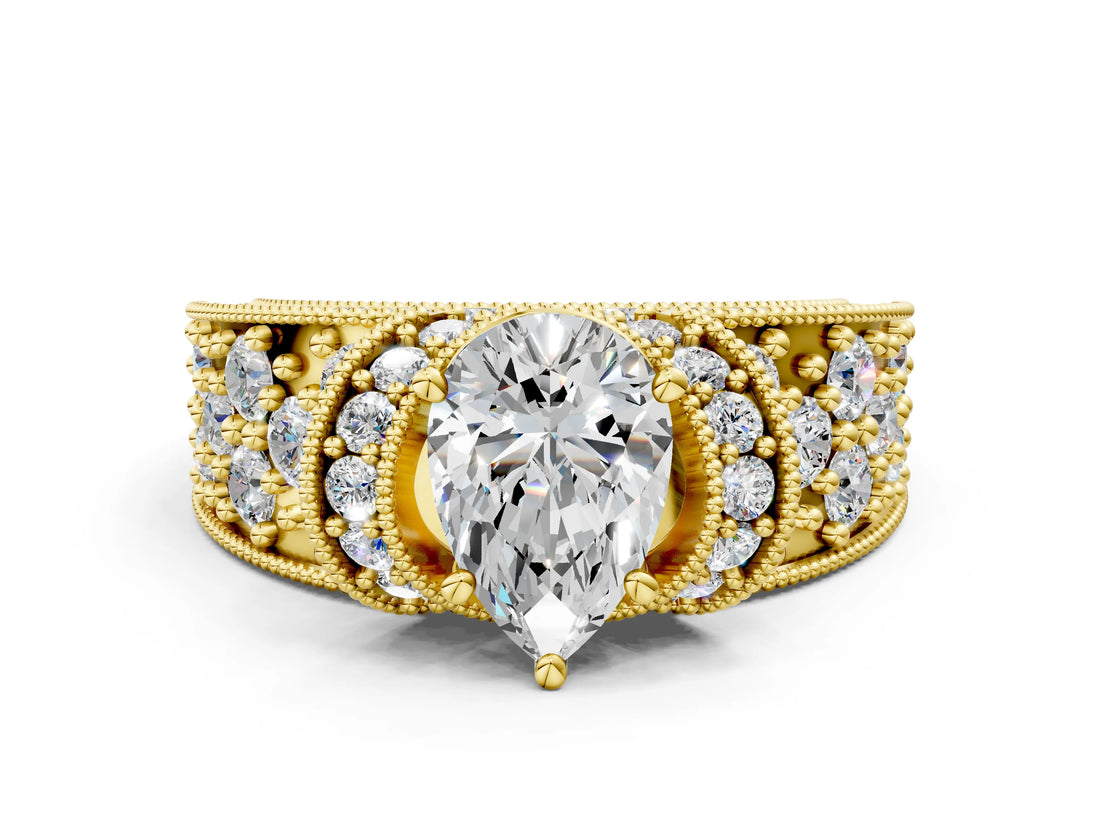 Yellow gold Pear Halo Pave Diamond Engagement Ring with Milgrain Detailing_49