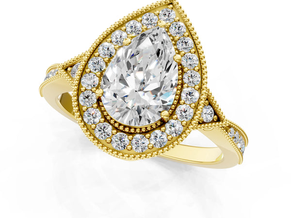 Yellow gold Pear Halo Round Diamond Milgrain Pave Engagement Ring