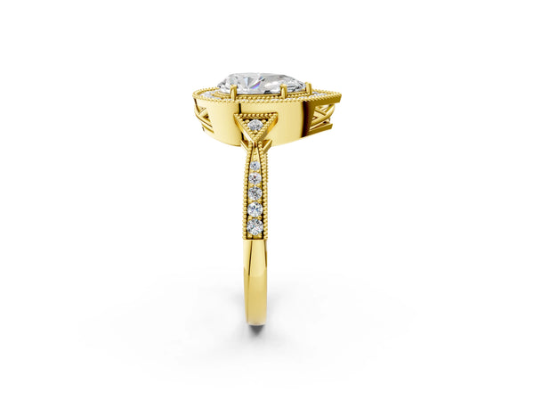 Yellow gold Pear Halo Round Diamond Milgrain Pave Engagement Ring