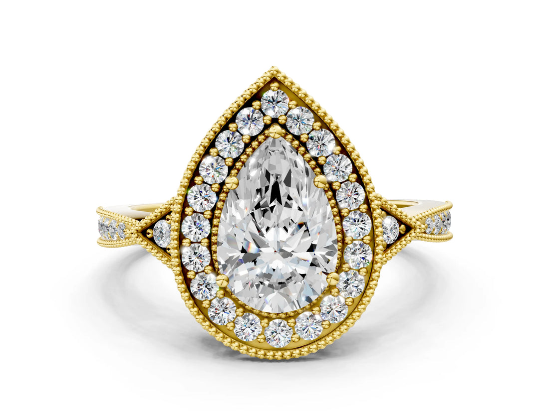 Yellow gold Pear Halo Round Diamond Milgrain Pave Engagement Ring_9