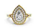 Yellow gold Pear Halo Round Diamond Milgrain Pave Engagement Ring_9