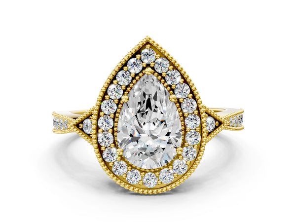 Yellow gold Pear Halo Round Diamond Milgrain Pave Engagement Ring