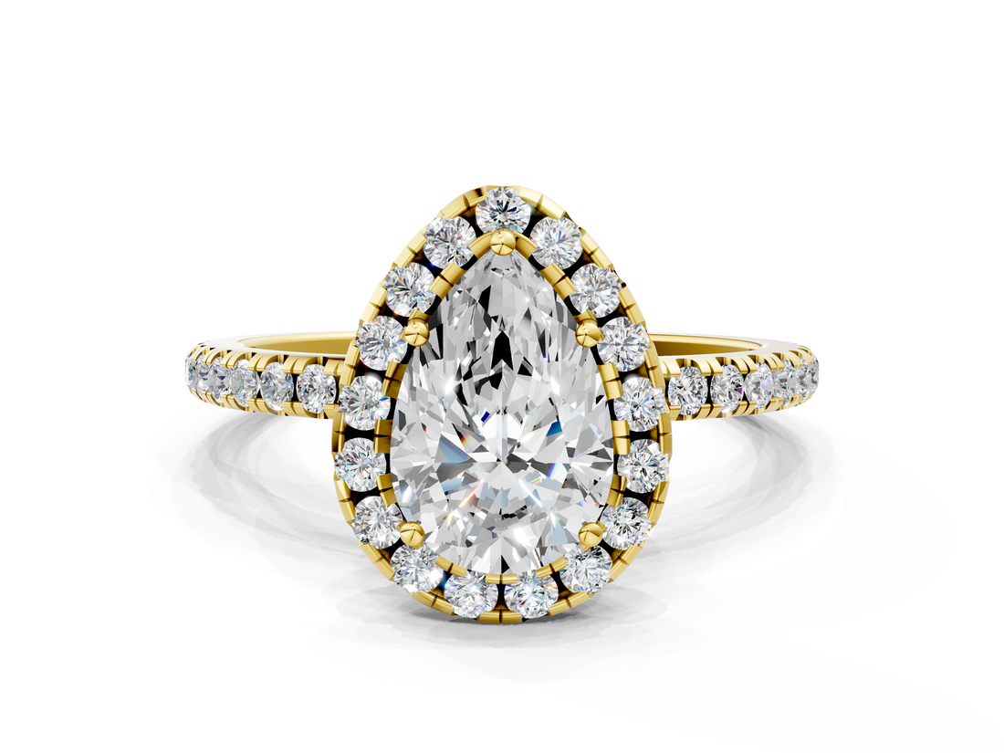 Yellow gold Pear Halo Round Diamond Pavé Band Four-Prong Ring_3