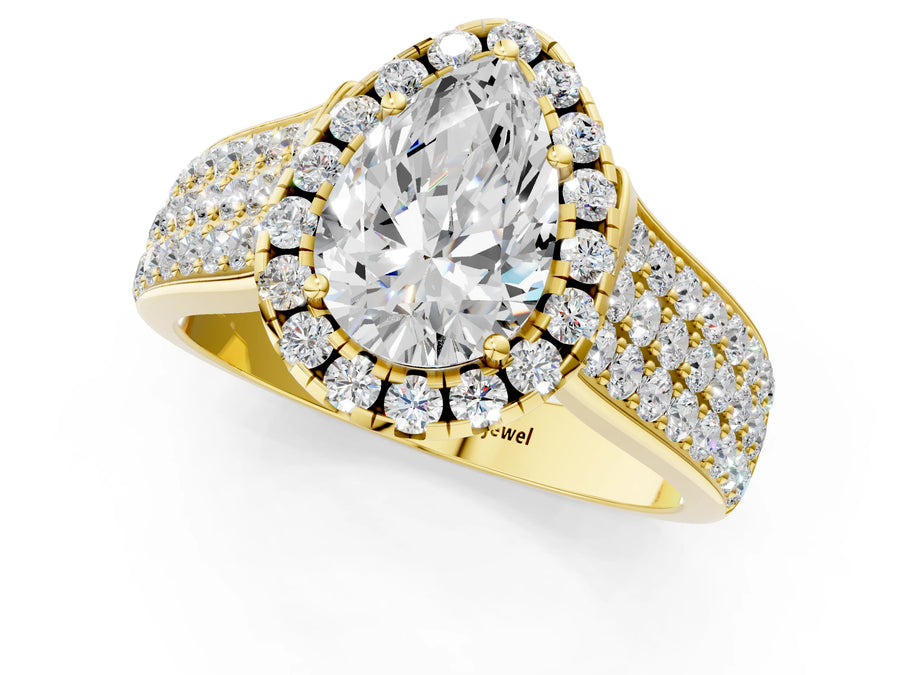 Yellow gold Pear Halo Round Diamond Pave Band with Prong Setting