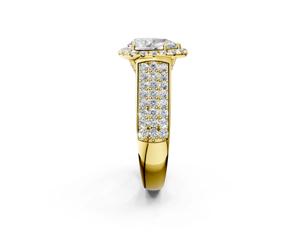 Yellow gold Pear Halo Round Diamond Pave Band with Prong Setting