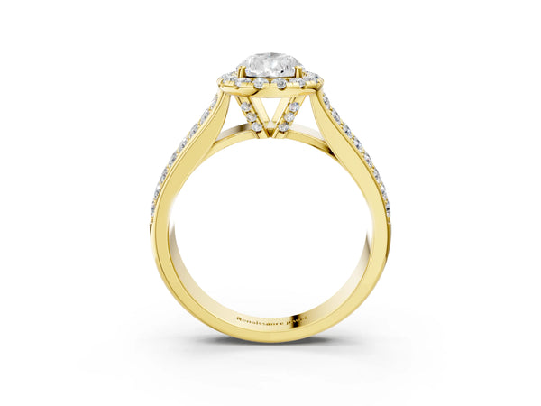 Yellow gold Pear Halo Round Diamond Pave Band with Prong Setting