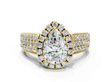 Yellow gold Pear Halo Round Diamond Pave Band with Prong Setting