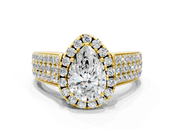 Yellow gold Pear Halo Round Diamond Pave Band with Prong Setting