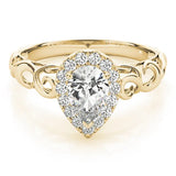 Yellow gold Pear Halo Scrollwork Engagement Ring with Prong Setting 1