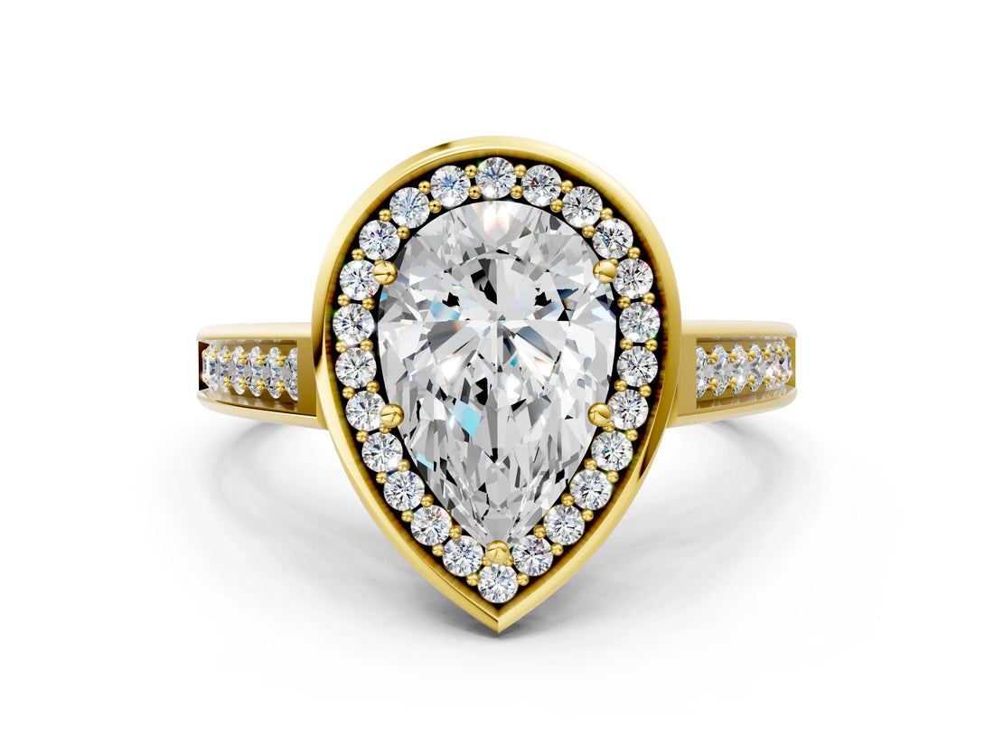 Yellow gold Pear Halo Solitaire Diamond Ring with Pave Band and Bezel Setting_47