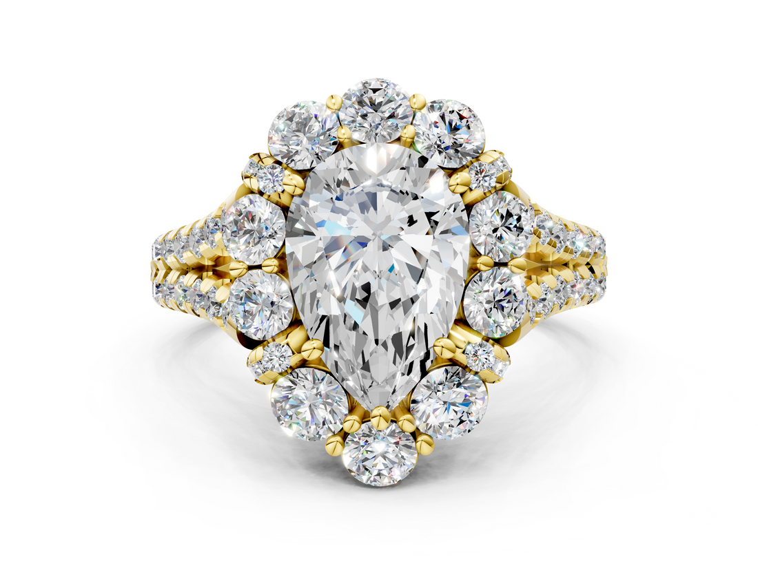 Yellow gold Pear Halo Split Shank Diamond Engagement Ring with Pave Band and Four-Prong Setting_53