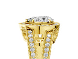 Yellow gold Pear Halo Split Shank Diamond Ring with Milgrain Prong Setting_11