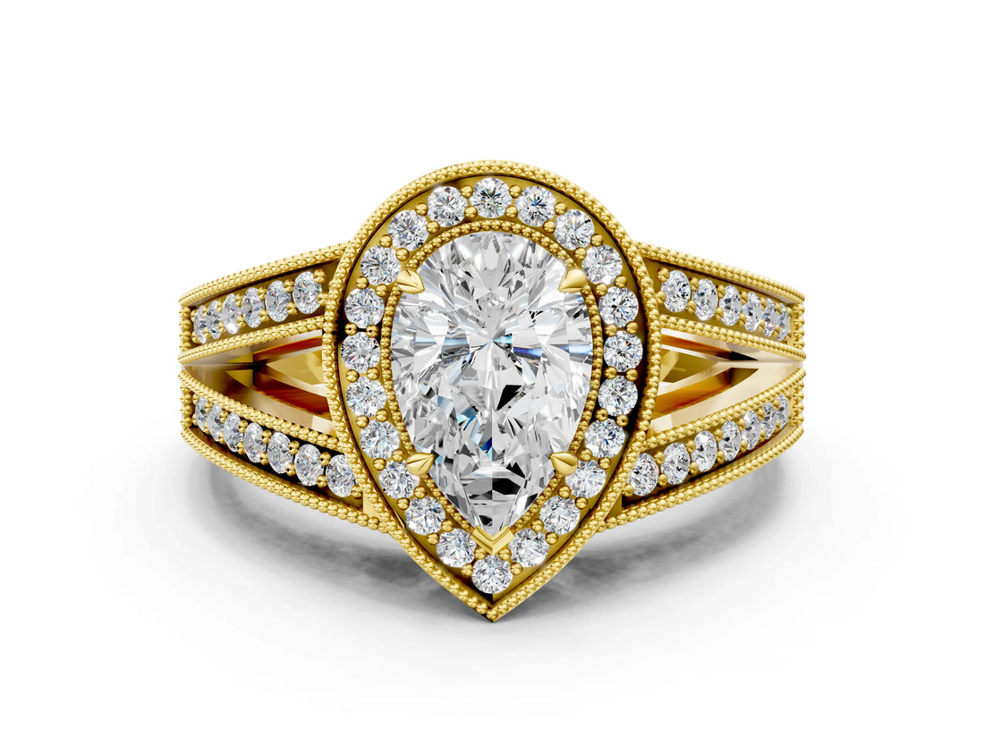 Yellow gold Pear Halo Split Shank Diamond Ring with Milgrain Prong Setting_6