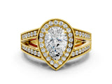 Yellow gold Pear Halo Split Shank Diamond Ring with Milgrain Prong Setting_6
