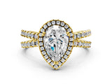 Yellow gold Pear Halo Split Shank Diamond Ring with Pavé Setting