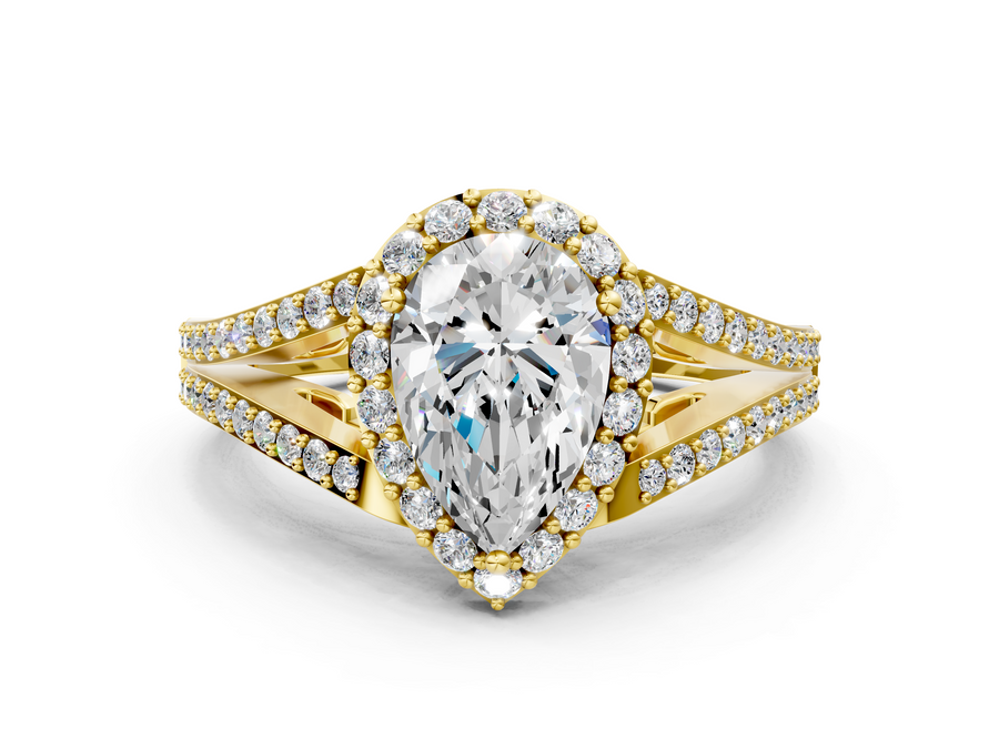 Yellow gold Pear Halo Split Shank Diamond Ring with Prong Setting