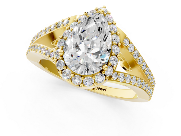 Yellow gold Pear Halo Split Shank Diamond Ring with Prong Setting