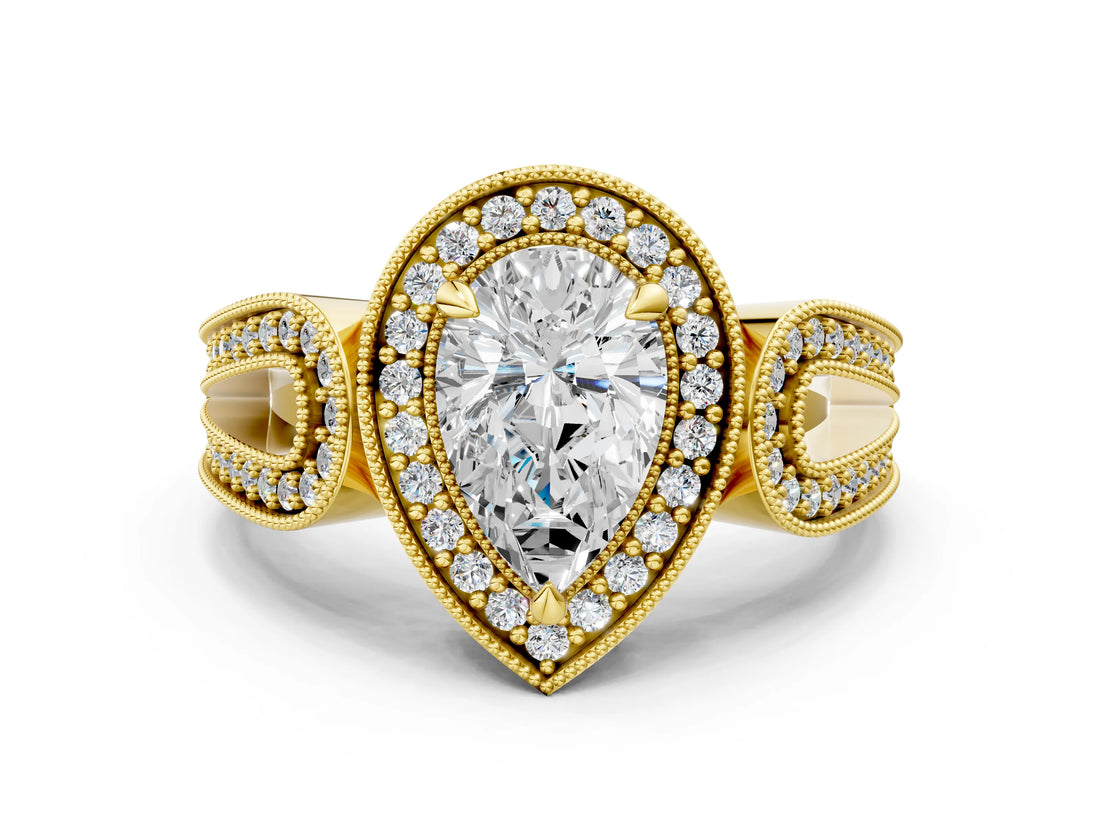 Yellow gold Pear Halo Split Shank Milgrain Diamond Ring_18