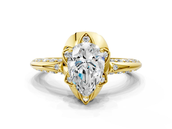 Yellow gold Pear Halo Split Shank Pave Diamond Ring with Petal Prong Setting
