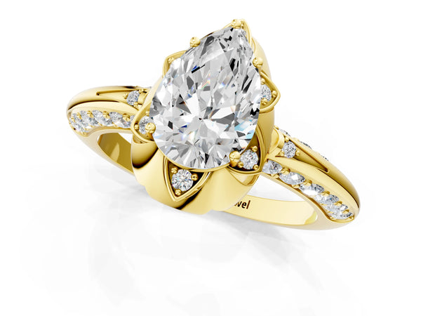 Yellow gold Pear Halo Split Shank Pave Diamond Ring with Petal Prong Setting