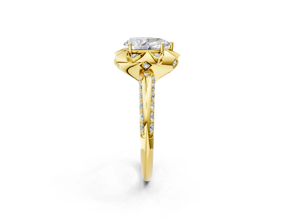 Yellow gold Pear Halo Split Shank Pave Diamond Ring with Petal Prong Setting