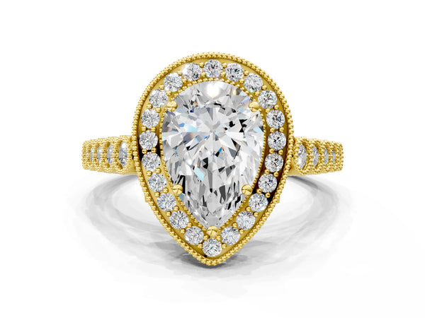 Yellow gold Pear Halo Twist Band Solitaire Ring with Six-Prong Setting