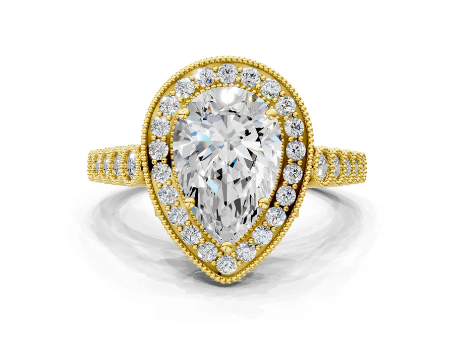 Yellow gold Pear Halo Twist Band Solitaire Ring with Six-Prong Setting