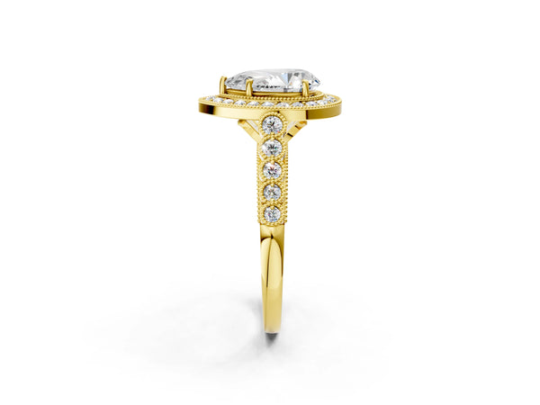 Yellow gold Pear Halo Twist Band Solitaire Ring with Six-Prong Setting