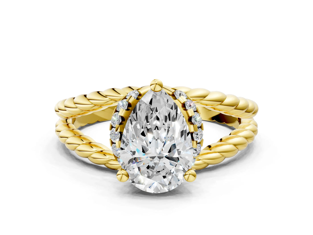 Yellow gold Pear Halo Twisted Band Four-Prong Ring_33