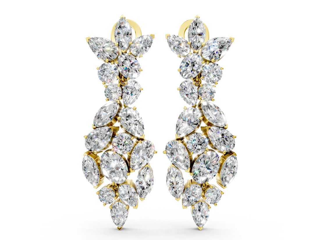 Yellow gold Pear, Marquise and Oval Diamond Floral Drop Earrings