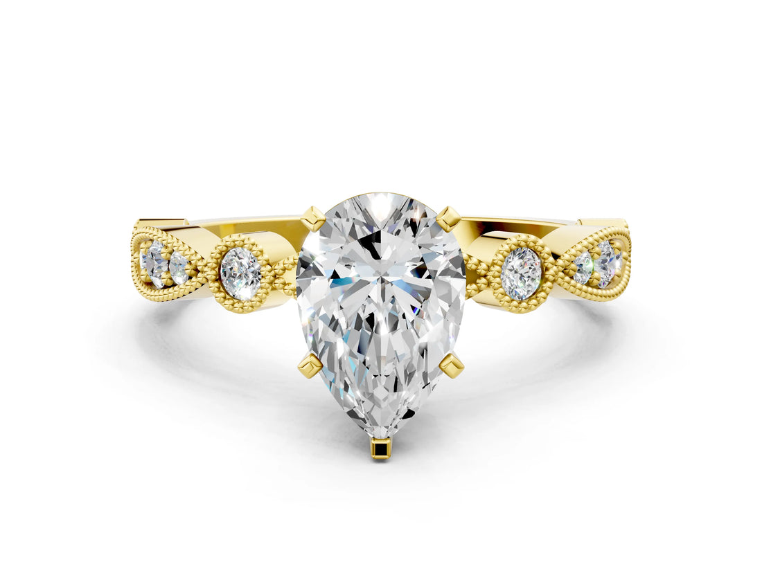 Yellow gold Pear Milgrain Bezel Diamond Engagement Ring with Solitaire Prong Setting_162